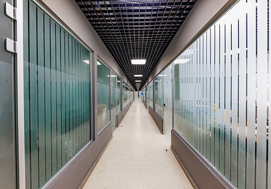 long corridor with glass partitions displaying modern design elements and natural light reflecting off clean surfaces perfect for innovative work environments and collaboration for two or more people
